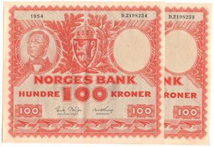 100 kroner 1954 D i serie .Kv.01