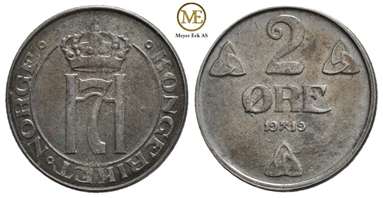 2 øre 1919 jern. Haakon VII. Kv.0/01