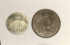 Lot. Skillingsmynt Norge. Skilling 1819, 1820, 2 skilling 1810, 1822, 1824, 1842, 8 skilling 1809, 12 skilling 1845 og 1856.