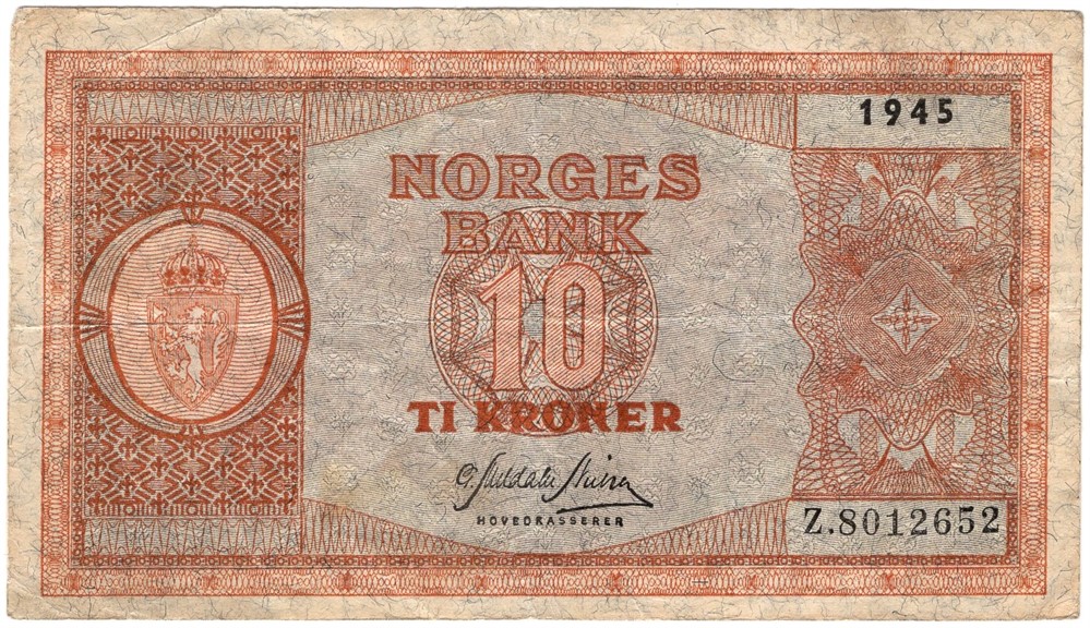 10 kroner 1945 Z.8012652 8-million erstatningsseddel. Kv.1