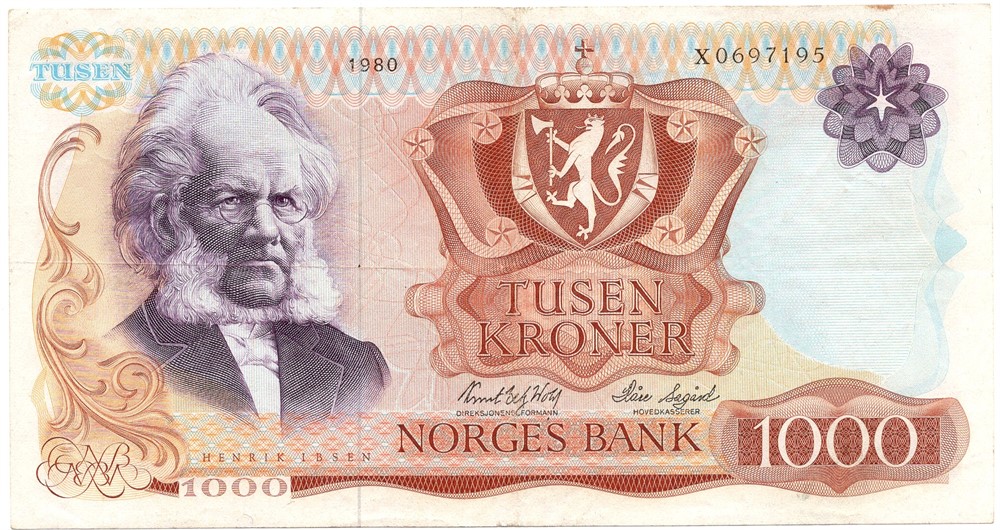 1000 kroner 1980 X.0697195 erstatningsseddel. Kv.1
