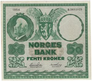 50 kroner 1954 B.3681829. Kv.1/1+