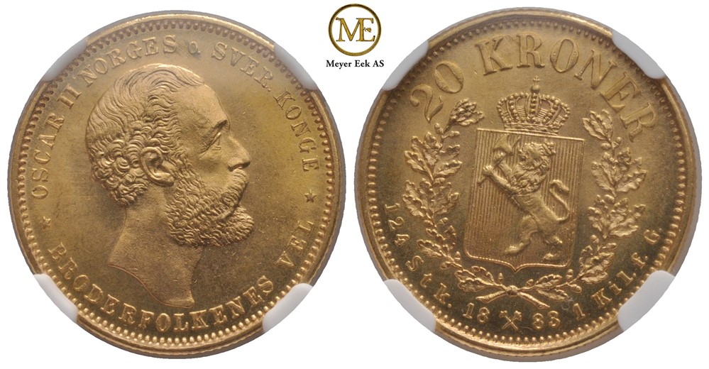 20 kroner 1883 Oscar II. Gradert til MS.66. Kv.0