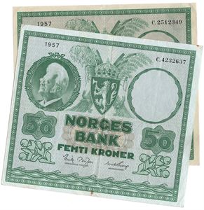 50 kroner 1957 C. Type I og II. VK.