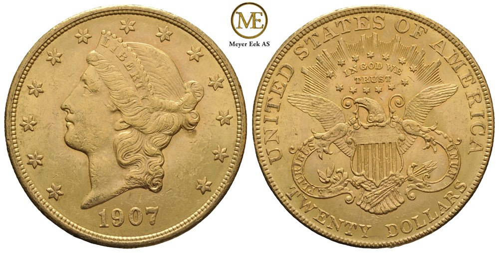 20 dollar 1907. Liberty head. Kv.1+/01