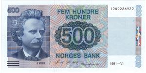 500 kroner 1991. Kv.0