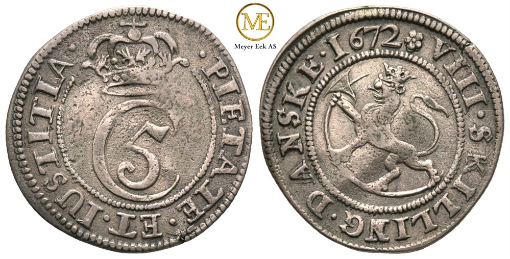 8 skilling 1672 Christian V. Kv.1+