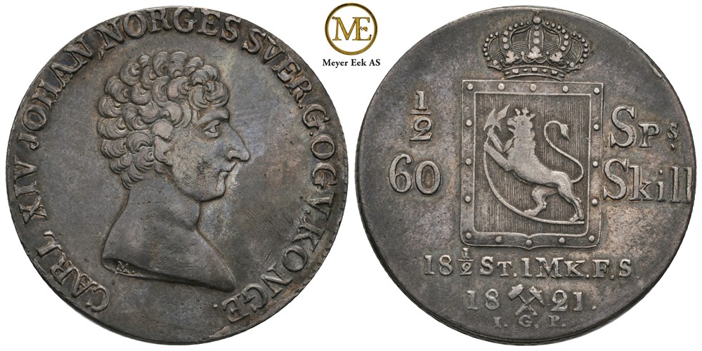 1/2 speciedaler 1821 Carl XIV Johan. Kv.1+