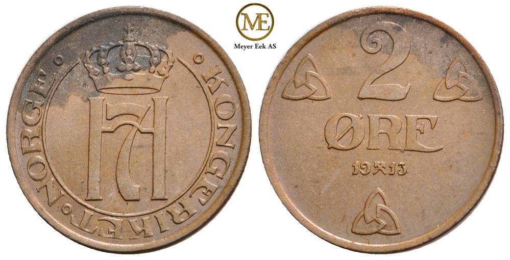 2 øre 1913 Haakon VII. Kv.0