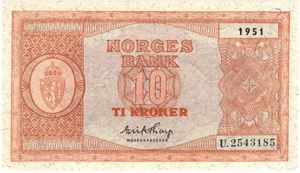 10 kroner 1951 U.2543185. Kv.0