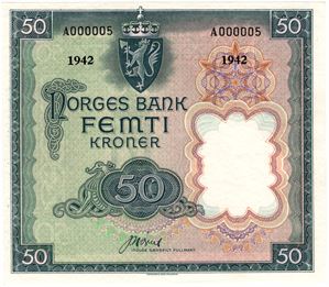 50 kroner 1942 London. A.000005. Svært sjelden. Kv.0/01