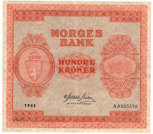 100 kroner 1945 A.0335570. Kv.1+