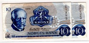 10 kroner 1974 QC og QF erstatning Kv.1- og 1