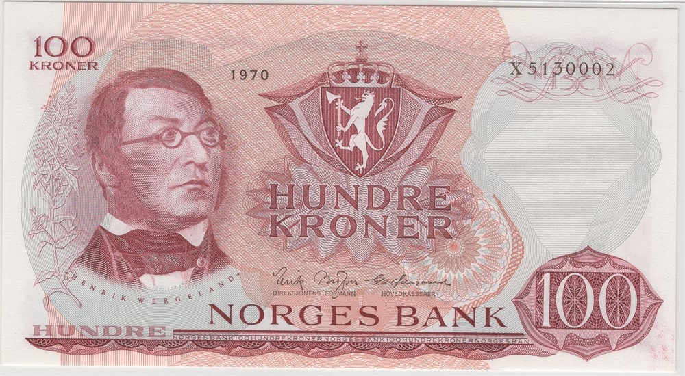 100 kroner 1970 X.5130002. Erstatningsseddel. Kv.0