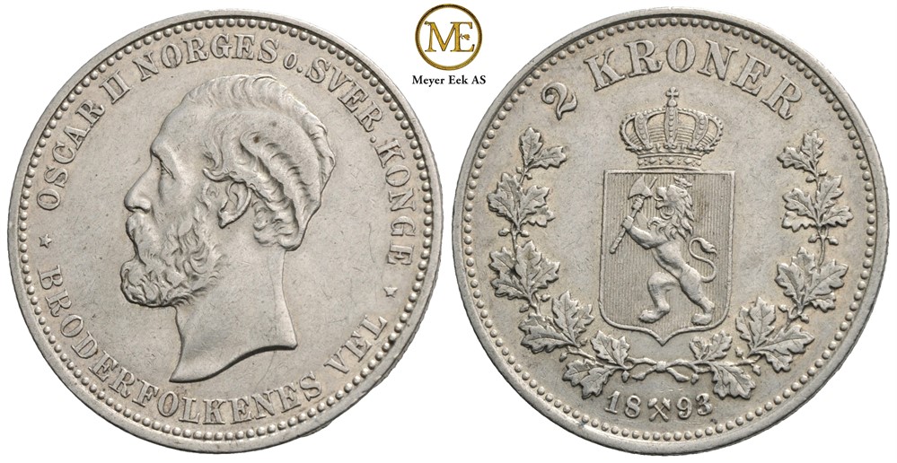 2 kroner 1893 Oscar II. Kv.1+