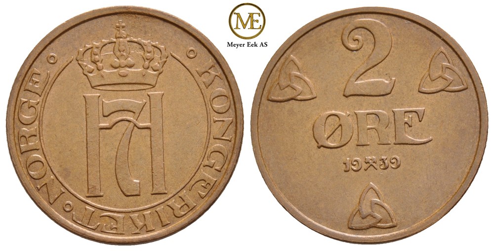 2 øre 1939 Haakon VII. Kv.0