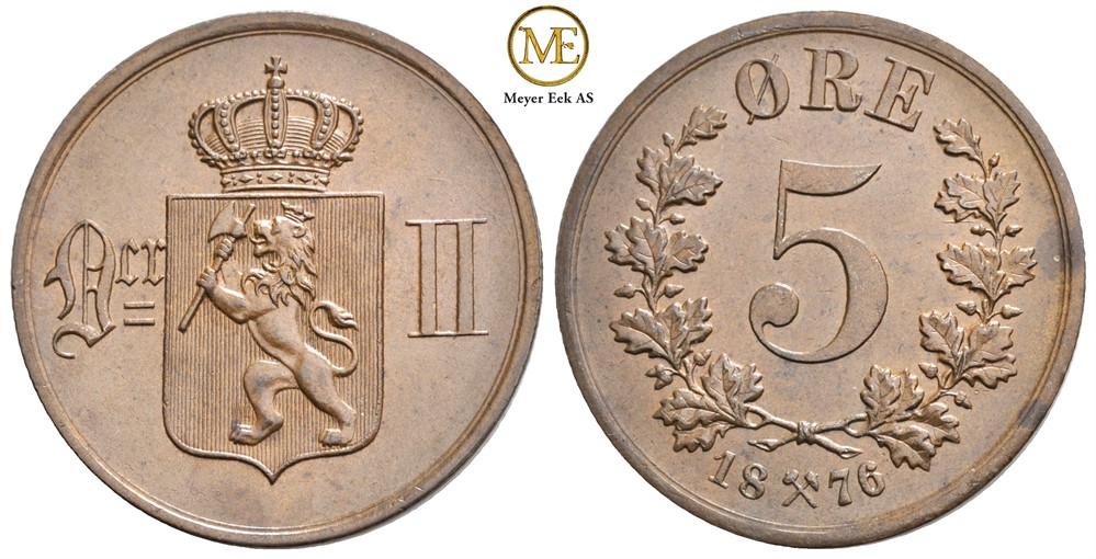 5 øre 1876 Oscar II. Kv.0