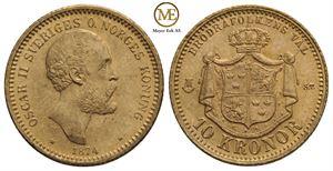 10 kronor 1874 Oscar II. Kv.0/01