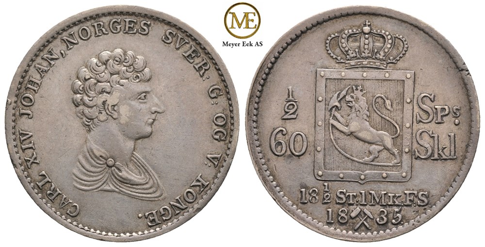1/2 speciedaler 1835 Carl XIV Johan. Kv.1+/01