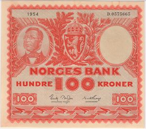 100 kroner 1954 D.0575665. 63 UNC. Kv.0/01