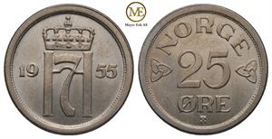 25 øre 1955 Haakon VII. Kv.0