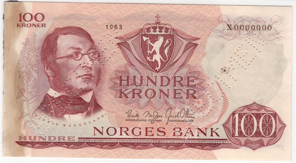 100 kroner 1963 X.0000000. Specimen. Kv.01