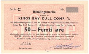 50 øre 1949/50 Kings Bay Kull Comp. RRR-seddel. Kv.0