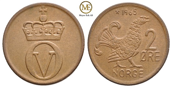2 øre 1965 Olav V. Kv.0