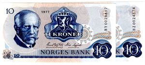 10 kroner 1977 HY og HZ erstatning Kv.01 og 0