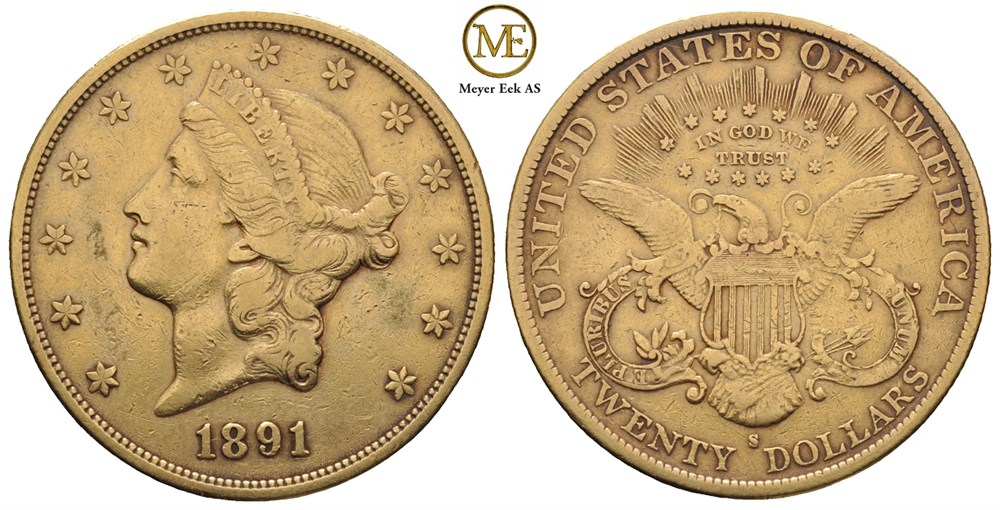 20 dollar 1891 S. Liberty head. Kv.1/1+