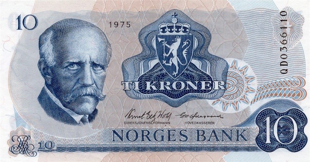 10 kroner 1975 QD erstatningsseddel. Kv.0