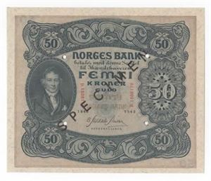 50 kroner 1945 D specimen m/seddelnr. ex. OMH 20.11.10