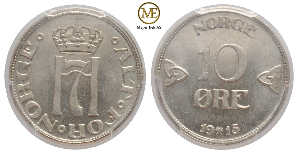10 øre 1915 Haakon VII. Gradert til MS66 hos PCGS. Kv.0