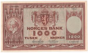 1000 kroner 1953 A.0900090. Kv.1+