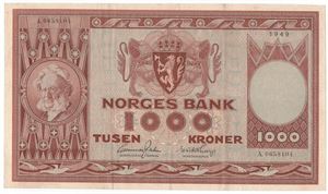 1000 kroner 1949 A.0658104. Kv.1+