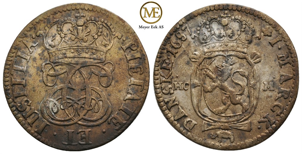 Mark/16 skilling 1687 Christian V. Kv.1+/01