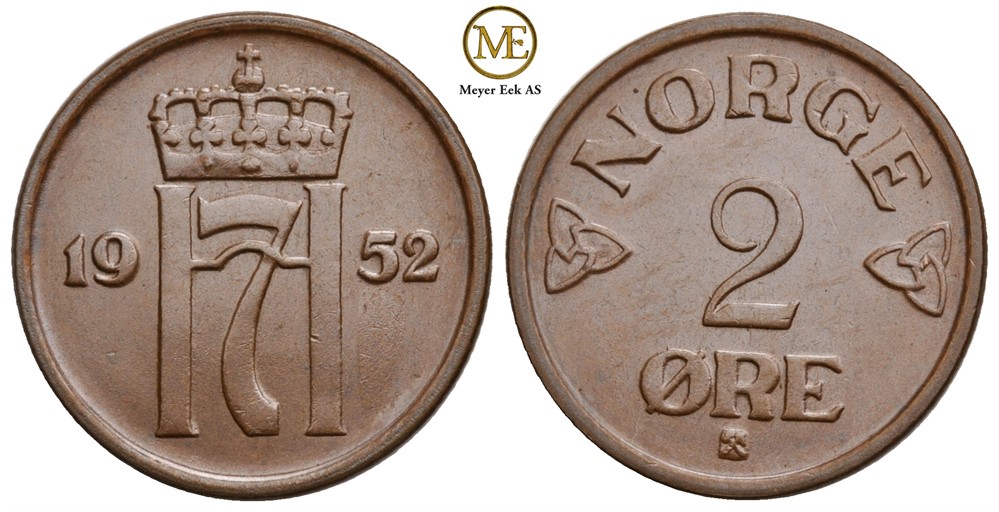 2 øre 1952 Type II Haakon VII. Prakt eksemplar