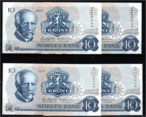 10 krone lott AA 4 stk. 1975 kv. 0