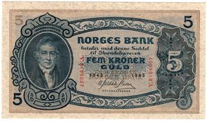 5 kroner 1943 V.8186007. Kv.0