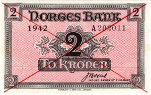 2 kroner 1942 A.202011 London utgaven med kryss. Kv.0