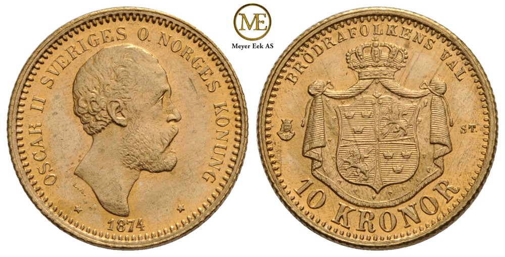 10 kronor 1874 Oscar II. Kv.0/01
