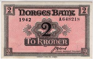 2 kroner 1942 A.648218. London utgaven. PMG.58