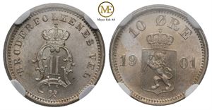 10 øre 1901 Oscar II. MS67. Prakt eksemplar