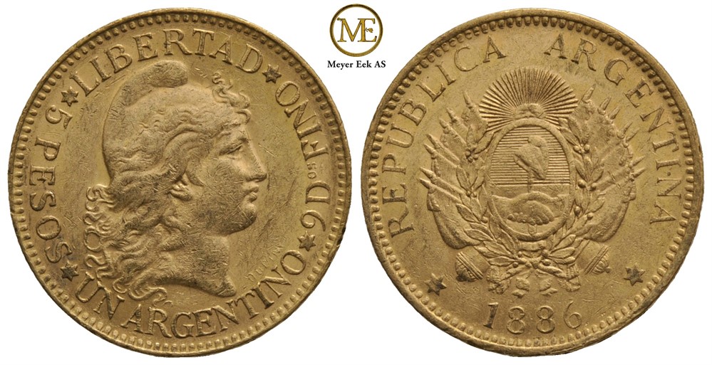 5 pesos 1886 Argentina. Kv.1+