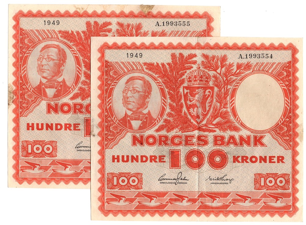 100 kroner 1949 A. i serie. Kv.1+/01