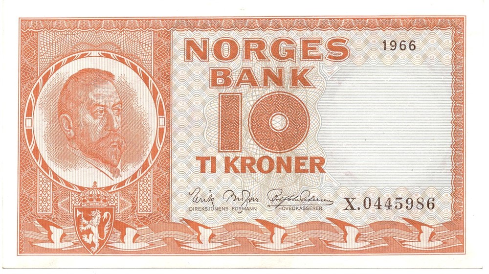 10 kroner 1966 X.0445986 erstatningsseddel. Kv.0/01