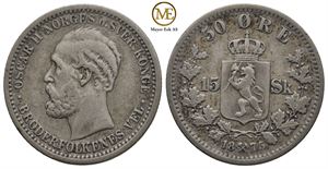 50 øre/15 sk. 1875 Oscar II. Kv.1