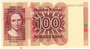 100 kroner 1977 QD. Erstatningsseddel. Kv.0