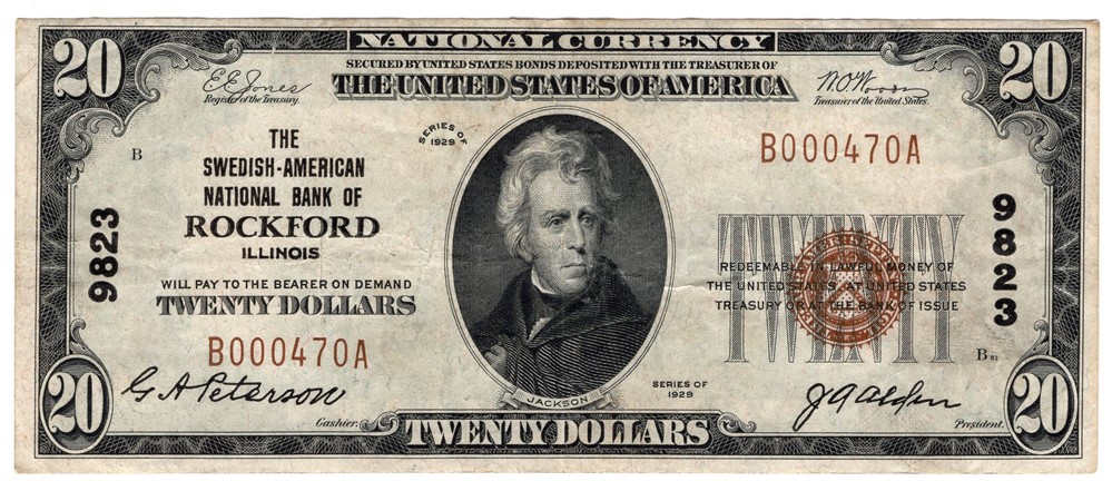 20 dollar Swedish-American National Bank of Rockford. Kv.1