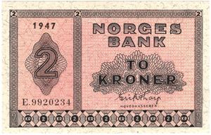 2 kroner 1947 E.9920234. Kv.0